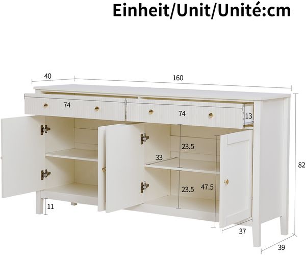 Stilvoller weißer Esszimmer Sideboard mit 2 Schubladen und 4 Türen – Elegantes Buffet für Küche, Esszimmer & Wohnzimmer mit goldenen Griffen und großzügigem Stauraum Bild 5