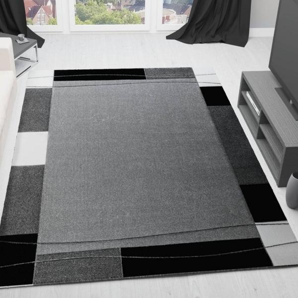 Vimoda Teppich Teppichwohnzimmer Grau Klassiker Kurzflor dicht gewebt, Rechteckig, Höhe: 13 mm, Teppich mit Bordürenmotiv grau weiß schwarz und Konturenschnitt