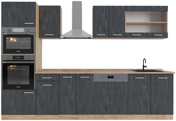 Küchenzeile R-Line Schwarz Beton/Goldkraft Eiche 300 cm AP Eiche Vicco