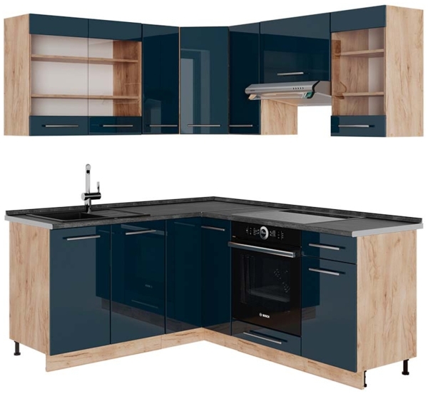 Eckküche Fame-Line Dunkelblau Hochglanz/Goldkraft Eiche 190 x 60 cm , AP Anthrazit Vicco