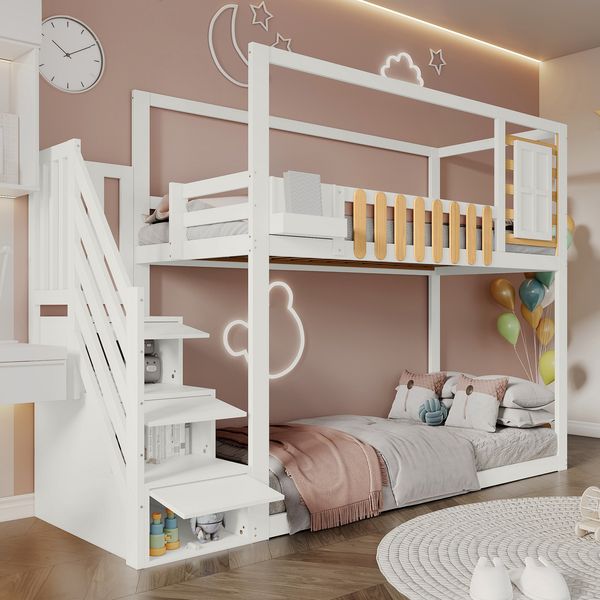 Etagenbett 90x200 cm, Kiefernholz & MDF, mit Treppe, Stauraum und Fallschutz – skandinavisch-modernes Kinderbett,Weiß