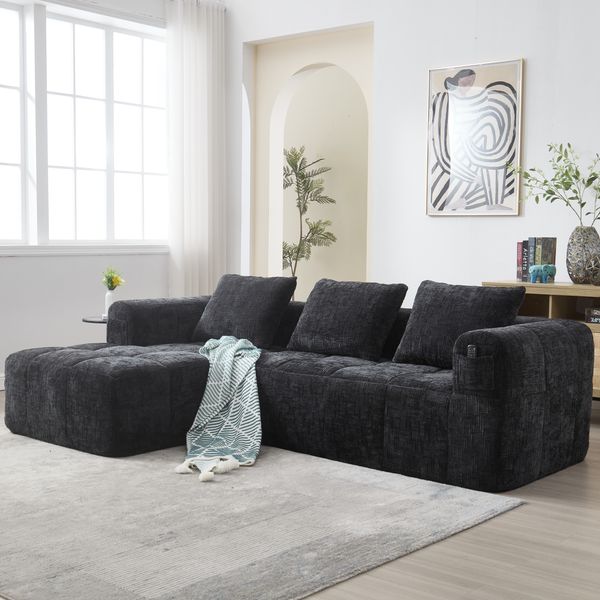Ecksofa 250x158x60 cm in Schwarz, Chenille, mit Seitentaschen, 3 Kissen und flexiblem Modular-Design