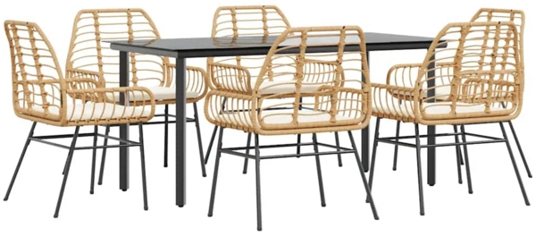 vidaXL 7-tlg. Garten-Essgruppe mit Kissen Braun Poly Rattan Glas 3334559