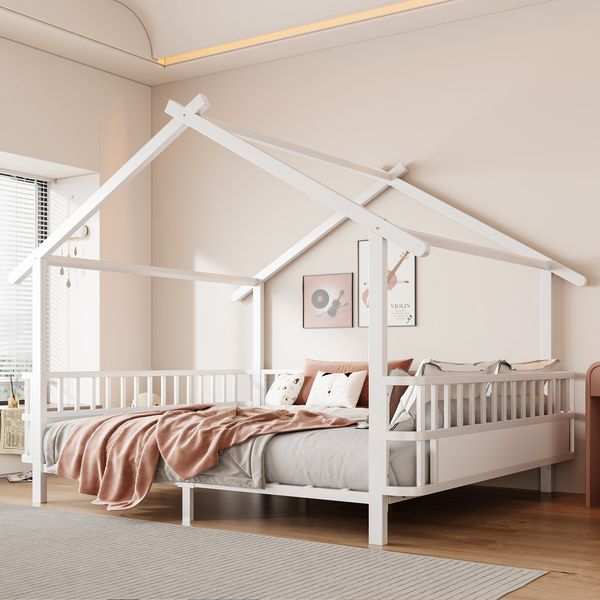 Kinderbett aus Metall in Hausform, 140x200 cm, mit Sicherheitsgitter, Dachdesign und dekorativem Rahmen, für Jungen und Mädchen, Weiß