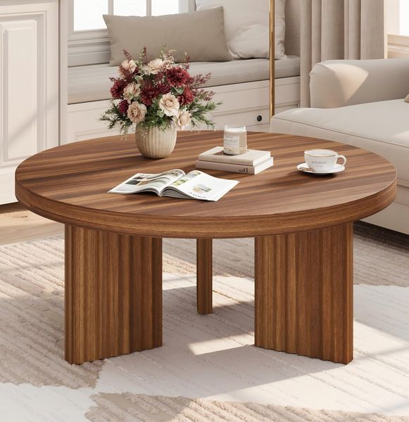 GarveeHome 85cm Runder Couchtisch, Kaffeetisch Mit Kannelierten Beinen, Beistelltisch Mit 3 cm Dicken Tischplatte, Für Wohnzimmer, 85 x 85 x 40 cm