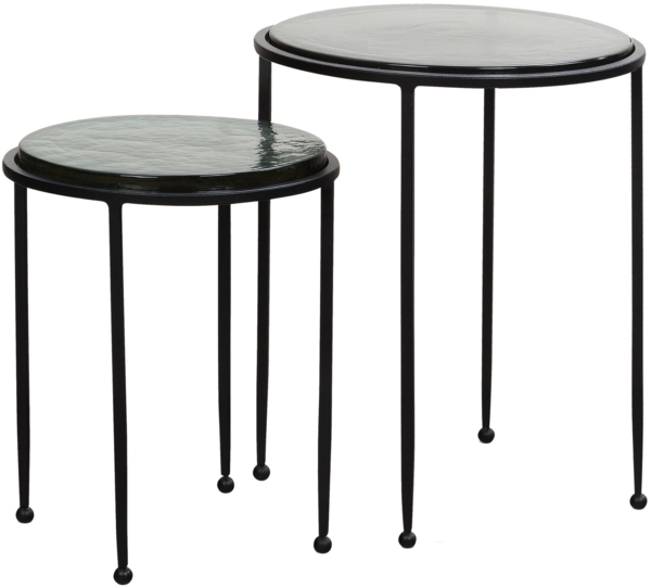 Beistelltisch 2er Set Grün Schwarz Design Satztisch Glas Metall Rund, Wohnzimmertisch Modern, Ausgefallener Couchtisch, Sofatisch 2-teilig abnehmbare Tischplatte