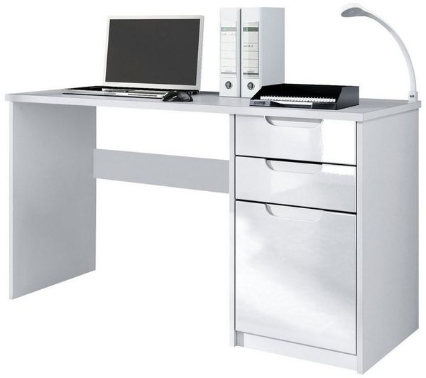 Vladon Schreibtisch Logan, Bürotisch mit 2 Schubladen und 1 Tür, Weiß matt/Weiß Hochglanz (129 x 76 x 60 cm)