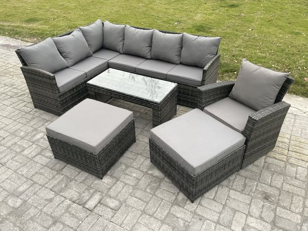 Fimous Rattan Gartenmöbel-Sets Hoher Rücken Ecksofa Länger Couchtisch Set mit 2 Großer Hockern Sesseln Dunkelgrau gemischt