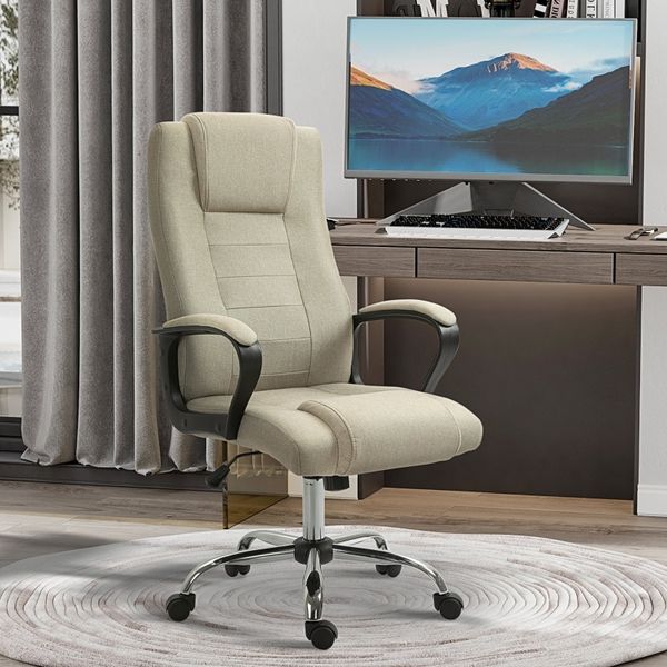 Bürostuhl, Polyester in Leinenoptik mit Wippfunktion & Höhenverstellung, 62x76x110-119 cm, Beige