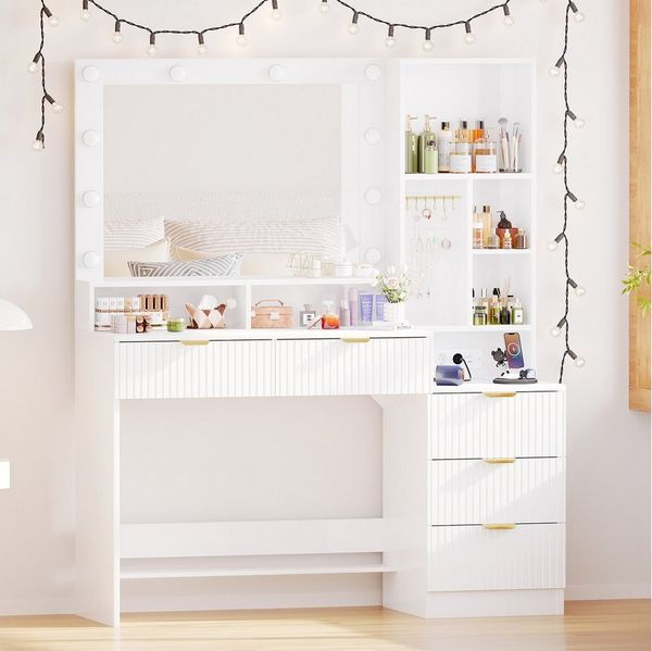 Furnicopia Schminktisch Einstellbare LED-Beleuchtung Fünf Schubladen und sieben Staufächer (Abmessungen: 114 × 40 × 149 cm Der Schminktisch verfügt über zwei europäische Steckdosen, einen USB-Anschluss, einen Typ-C-Anschluss und zwölf Schmuckhaken-oste...