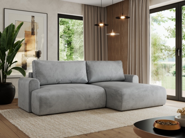 L-förmiges Ecksofa mit losen Kissen und Armlehnen für das Wohnzimmer, Ecksofa mit Schlaffunktion, Bettkästen - TONO - Hellgrau Velours - rechte Seite