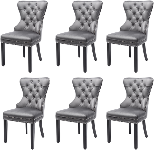 Esszimmerstuhl Set 6er 51 x 51 x 97 cm in Grau mit Samtbezug, Massivholzgestell und Nagelkopfbesatz