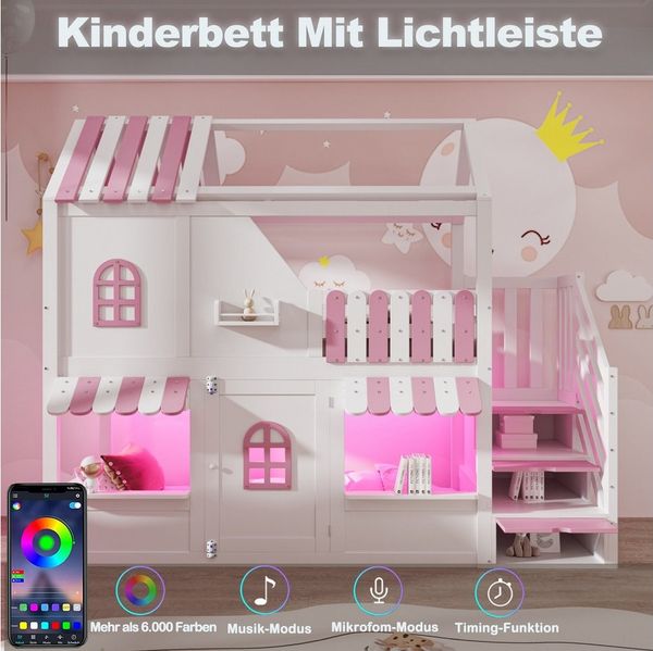 REDOM Kinderbett mit Fenstern, Dach und Geländer (mit Stauraumleiter, LED-Beleuchtung und Regalen, Hochbett Gästebett, 90x200 cm), ohne Matratze
