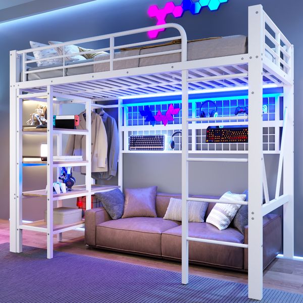 Hochbett, 90 x 200 cm, Eisenrahmen, Ablagefach, Netz zum Aufhängen von Gegenständen, mit Kleiderstange, offener Raum unter dem Bett, mit LED-Lichtleiste, ohne Matratze, Weiß