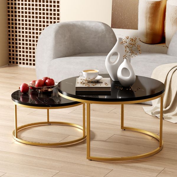 2er-Set runder Couchtisch aus MDF mit Metallrahmen & Nestfunktion, Ø80 cm + Ø60 cm, Schwarz