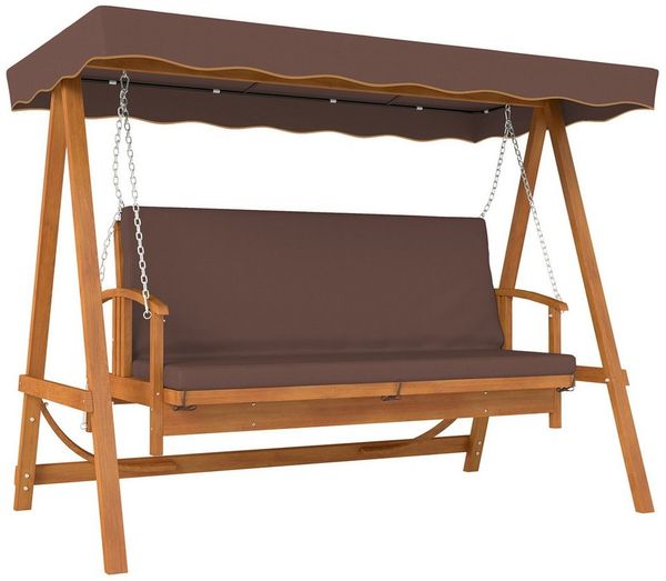 Outsunny Hollywoodschaukel mit Sonnendach, Sitzauflage, bis 330kg, 3-Sitzer, Liegefunktion, 3-Sitzer Gartenschaukel aus Holz, 1 tlg, 2 in 1 Holzschaukel mit Liegefunktion, für Garten, Terrasse, 236x130x181 cm, Braun