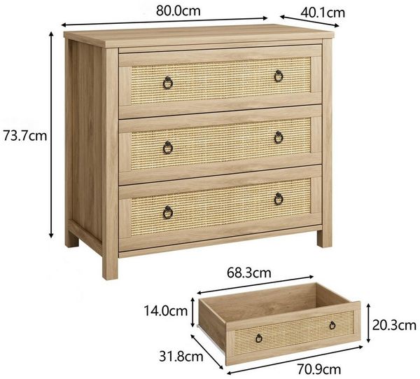 GarveeMore Kommode Kommode mit 3 Schubladen aus Rattan Schubkastenkommode Nachtkommode, Sideboard Anrichte Moderne Mini-Kommode einfache Montage Stauraum