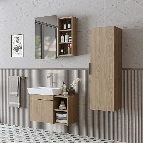 Roomart LYCIA-72 Badmöbel Set– 4-teiliges Badezimmermöbel Set - Waschbeckenunterschrank mit Keramikwaschbecken, Spiegelschrank & Hochschrank - H 54 x B 38.6 x T 72 cm • Eiche(Hell)