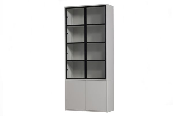 Vitrine Basic aus Kiefernholz, modern, 4 Türen mit Glas, hellgrau, push-to-open, soft-close