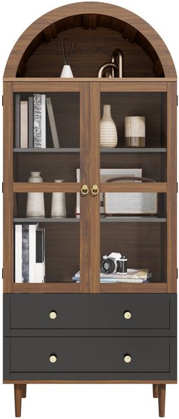 Merax Sideboard Kommode Aufbewahrungsschrank mit verstellbaren Einlegeböden, Retro-Aufbewahrungsschrank aus gewölbtem Glas, Verstellbare Regale, Nussbaum Bild 10