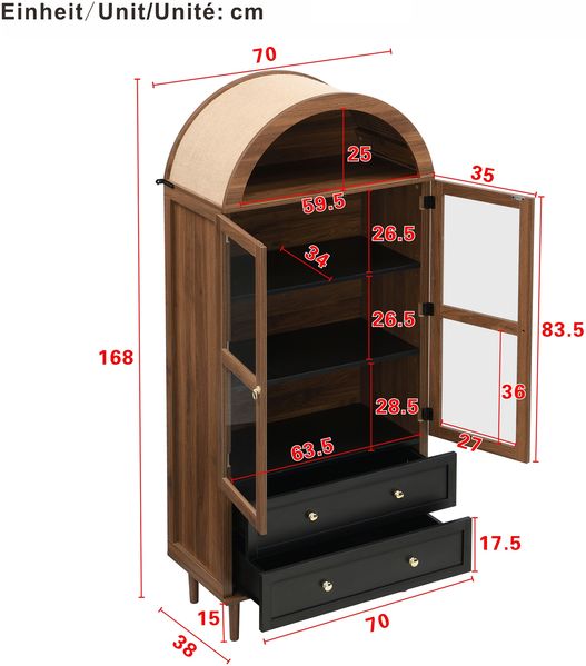 Merax Sideboard Kommode Aufbewahrungsschrank mit verstellbaren Einlegeböden, Retro-Aufbewahrungsschrank aus gewölbtem Glas, Verstellbare Regale, Nussbaum Bild 4