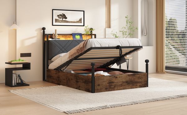 Bett 90x190 cm, Smart-Himmelbett mit hydraulischem Bettkasten, Metalll-Holz-Mix, integrierte LED & USB/Type-C,Schwarz