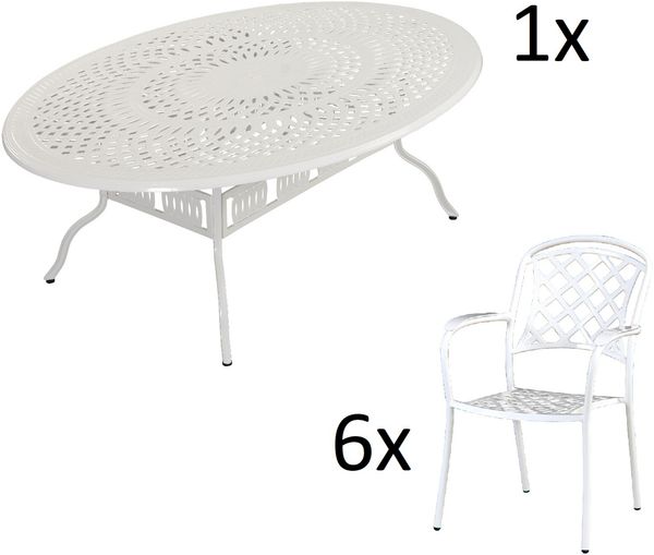 Inko 7-teilige Sitzgruppe Alu-Guss weiß Tisch oval 216 x 152 x 74 cm cm mit 6 Sesseln Tisch 216x152 cm mit 6x Sessel Capri