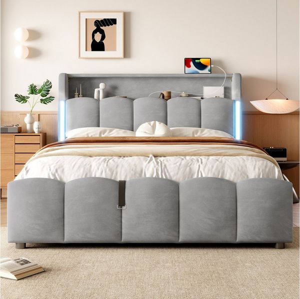 REDOM Polsterbett mit LED-Lichtleisten, hydraulischem Stauraum & Kopfteil-Staufach (inkl. USB- und Typ-C-Anschlüsse, Kinderbett Doppelbett, 140×200 cm), ohne Matratze