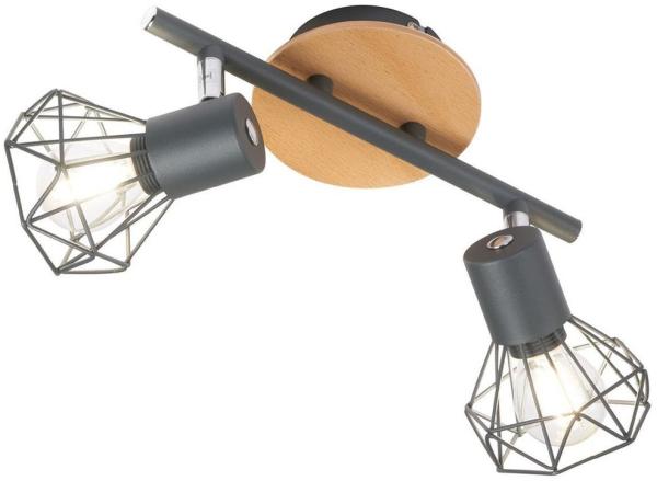 LED Deckenstrahler Grau / Holz 2-flammig, Gitterlampe schwenkbar, Breite 25cm