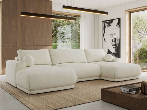 XXL Wohnlandschaft RINA U-Form 360 cm breit, Sofa mit Schlaffunktion & DL-Mechanismus, Wellenfederung, modern freistehend - Creme Schenille glatt