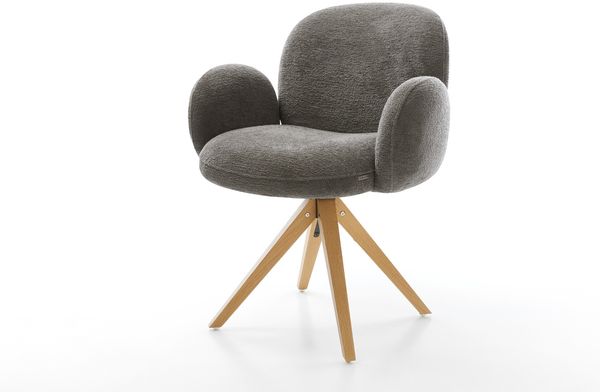 Drehstuhl Nube-Flex mit Armlehnen Bouclé Soft Schlamm Holzgestell kantig Natur 180° drehbar Taschenfederkern