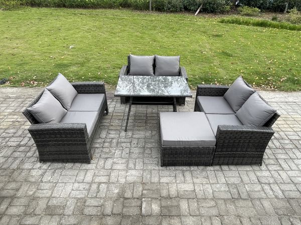 Fimous 7-Sitzer Hoher Rücken Rattan Gartenmöbel Sets mit Rechteckiger Esstisch Loveseat Sofa 2 Großer Hockern