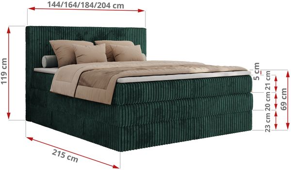 Boxspringbett, Doppelbett mit zwei Bettkästen und Multipocket-Matratze, Cord Bett - TILIANO KING - 200 x 200 cm - Dunkelgrün Cord - H3 Bild 6