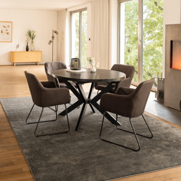 HOME DELUXE Essgruppe Rund Ausziehbar AVENTURA inkl. Sternfuß - 120-160 x 120 cm Dark Oak 4 Stühle
