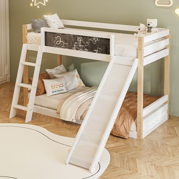 Kinder-Etagenbett aus Holz mit Rutsche & Treppe, 90x200/90x190 cm, Weiß, ohne Matratze
