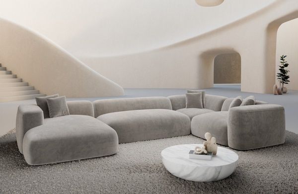 Sofa Dreams Wohnlandschaft Alcudia U Form Stoffbezug Ottomane, 6-Sitzer, Polstersofa, Lounge, Design, Samtstoff Bezug in Sand