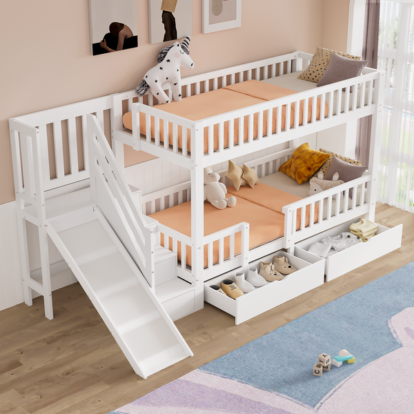 Etagenbett Liegefläche 90x200 cm aus Holzmaterial und MDF, mit Rutsche, Treppe, 2 Schubladen und magnetischer Tür, weiß