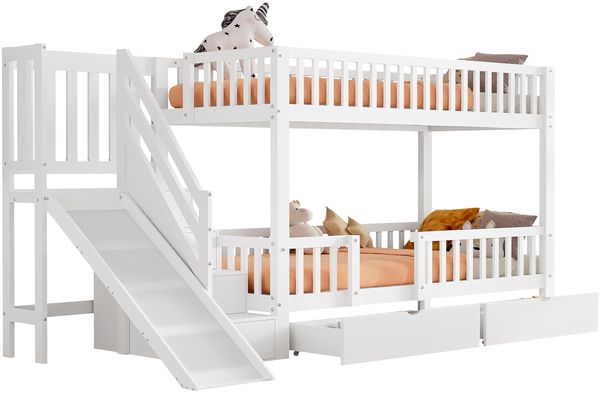 Etagenbett Liegefläche 90x200 cm aus Holzmaterial und MDF, mit Rutsche, Treppe, 2 Schubladen und magnetischer Tür, weiß Bild 7