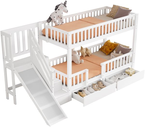 Etagenbett Liegefläche 90x200 cm aus Holzmaterial und MDF, mit Rutsche, Treppe, 2 Schubladen und magnetischer Tür, weiß Bild 6