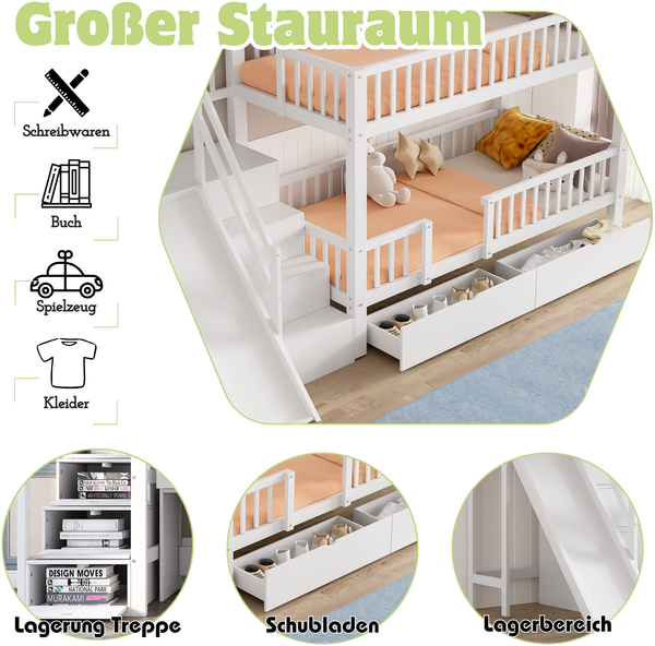 Etagenbett Liegefläche 90x200 cm aus Holzmaterial und MDF, mit Rutsche, Treppe, 2 Schubladen und magnetischer Tür, weiß Bild 9