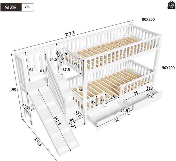 Etagenbett Liegefläche 90x200 cm aus Holzmaterial und MDF, mit Rutsche, Treppe, 2 Schubladen und magnetischer Tür, weiß Bild 5