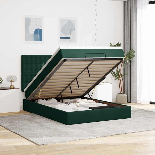 vidaXL Ottoman-Bett mit Matratzen & LEDs Dunkelgrün 140x200 cm Samt 3314471