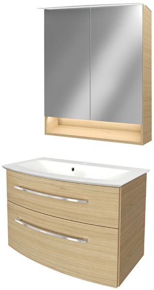 FACKELMANN B.STYLE Waschtisch Set mit Spiegelschrank 80 cm breit, Braun, Waschbecken Gussmarmor Weiß
