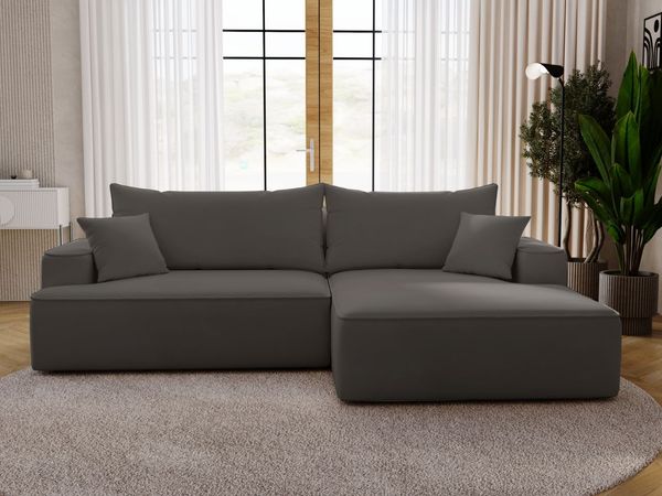 GRAINGOLD Ecksofa California, Sofa mit Schlaffunktion, Bettkasten, Eckcouch L-Form, Velour-Stoff, Dunkelgrau, Rechts