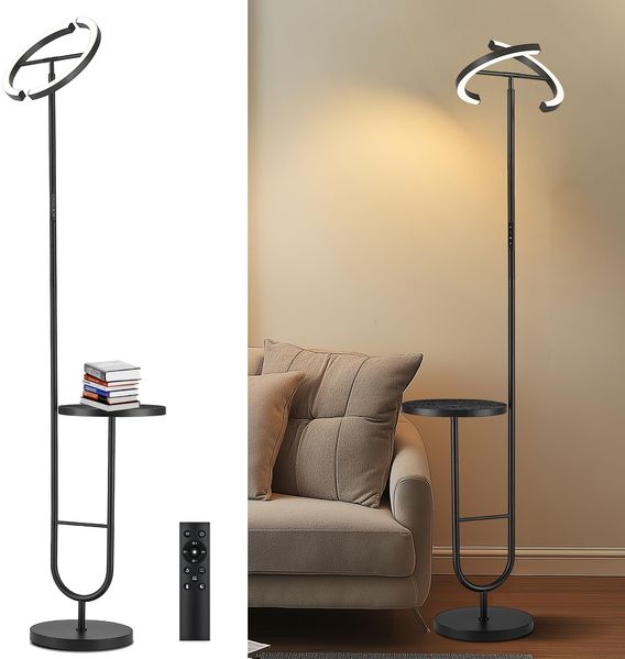LuminexDesigns Stehlampe Dimmbar Wohnzimmer mit Tisch 36W LED Stehleuchte mit Regal, 360° Drehbarer Standleuchte, 2700K-6500K 175cm Höhe Leselampe Modern Schlafzimmer Schwarz