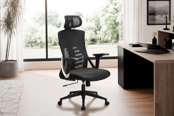 FineBuy Bürostuhl Schwarz Mesh-Bezug Schreibtischstuhl bis 120 kg mit Kopfstütze, Drehstuhl höhenverstellbar mit Lendenwirbelstütze, Stoff-Schreibtischsessel ergonomisch mit Wippfunktion Bild 2