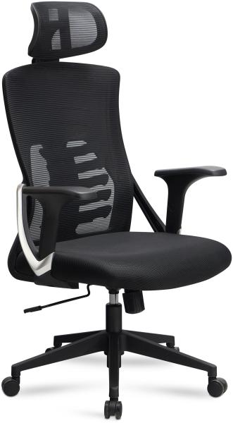 FineBuy Bürostuhl Schwarz Mesh-Bezug Schreibtischstuhl bis 120 kg mit Kopfstütze, Drehstuhl höhenverstellbar mit Lendenwirbelstütze, Stoff-Schreibtischsessel ergonomisch mit Wippfunktion Bild 9