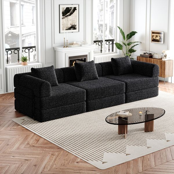 Schlafsofa in Schwarz aus Chenille mit Armlehnen-Ablagefach, Bettfunktion und modularer Konfiguration,69.8x274x91.4 cm