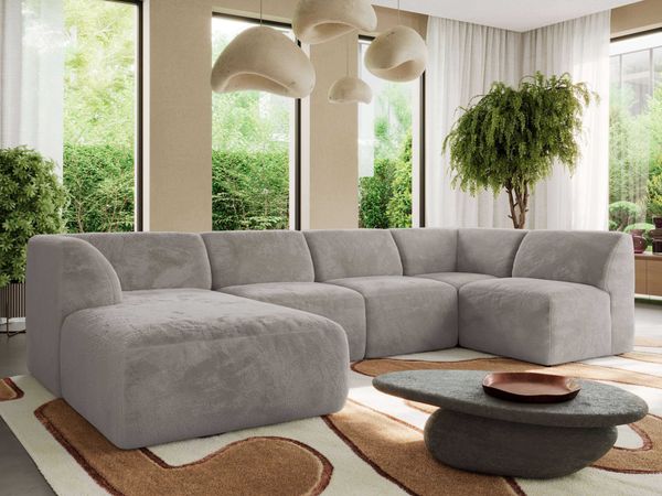 Modulares XXL-Ecksofa MODARO 5M, U-Form, Wohnlandschaft, 5-teilig, freistehend, Wohnzimmer Couch, HR-Schaumstoff - Hellgrau Plüsch - Links