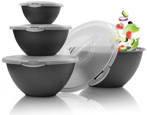 Hausfelder Salatschüssel Schüssel Set groß mit Deckel, 0,7-6 L Anthrazit Schwarz), Kunststoff, (8-tlg), Schüsseln 1x6 L, 1x3,6 L, 1x1,9 L, 1x0,7 L